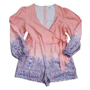 Venus Romper Womens Size 12 Pink Blue Linen Blend Long Sleeve Beachy Pretty